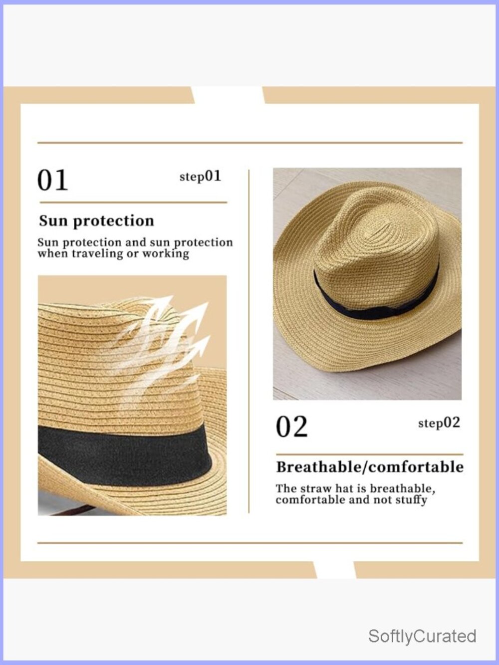 Foldable Wide Brim Straw Cowboy Hat with Drawstring Sun Protection - Picture 4 of 6